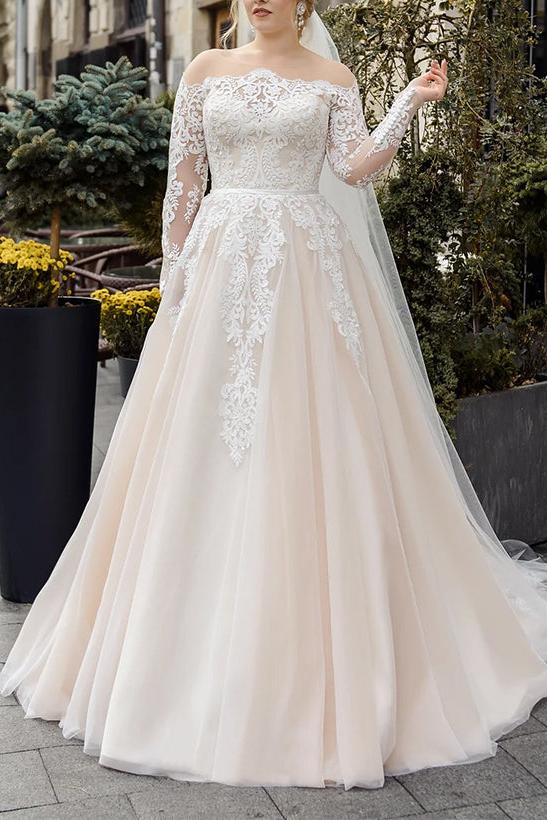 Off The Shoulder Long Sleeves Ball Gown Wedding Dress With Boho Lace/Tulle