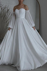Off The Shoulder Long Sleeves Floor Length Tulle Wedding Dress