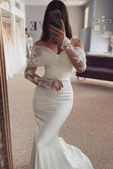 Off The Shoulder Long Sleeves Lace/Elastic Satin Wedding Dress for Mermaids