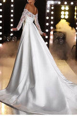 Off The Shoulder Long Sleeves Mermaid Trumpet Satin Wedding Dress With Panel Train