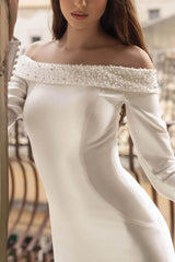 Off The Shoulder Long Sleeves Pearl Detachable Wedding Dress