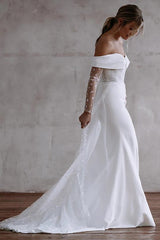 Off The Shoulder Long Sleeves Sweep Train Lace/Elastic Satin Wedding Dress With Lace