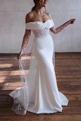 Off The Shoulder Long Sleeves Sweep Train Lace/Elastic Satin Wedding Dress With Lace