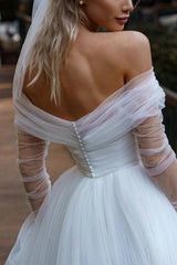 Off The Shoulder Long Sleeves Sweep Train Tulle Wedding Dress