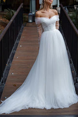 Off The Shoulder Long Sleeves Sweep Train Tulle Wedding Dress