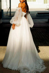 Off The Shoulder Long Sleeves Tulle Sweep Train Wedding Dress With Sequins Flower(s)