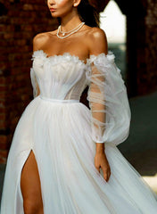 Off The Shoulder Long Sleeves Tulle Sweep Train Wedding Dress With Sequins Flower(s)
