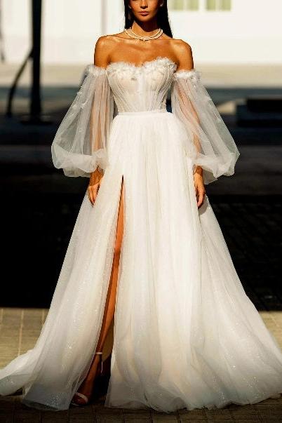 Off The Shoulder Long Sleeves Tulle Sweep Train Wedding Dress With Sequins Flower(s)