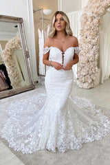 Off The Shoulder Mermaid Appliques Wedding Dress Lace Tulle Backless Bridal Dress