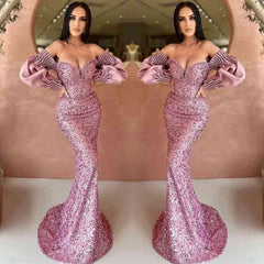 Off The Shoulder Mermaid Long Sleeve Evening Dress with Sequins