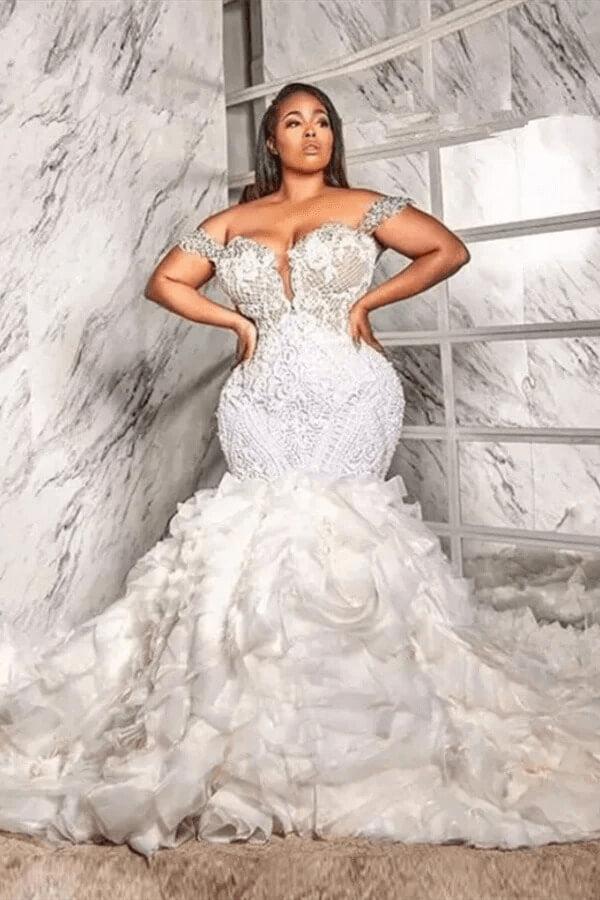 Off The Shoulder Mermaid Wedding Dress Lace Appliqued Bridal Gown with Ruffled Train