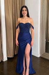 Off The Shoulder Navy Prom Dress Mermaid Evening Dress with Slit
