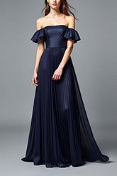 Off The Shoulder Navy Wedding Guest Dress A Line Pleated Formal Dress With Ruffles