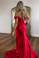 Off The Shoulder Red Prom Dress Mermaid Corset Satin Evening Dress with Flower