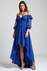 Off The Shoulder Royal Blue Wedding Guest Dress High-Low Formal Dress With Half Sleeves