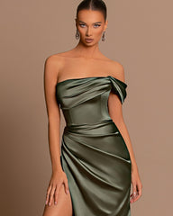 Off The Shoulder Sage Green Evening Dress Ball Gown Sleeveless Slit Pleated