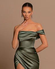 Off The Shoulder Sage Green Evening Dress Ball Gown Sleeveless Slit Pleated