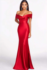 Off The Shoulder Satin Red Wedding Guest Dress Mermaid Formal Dress