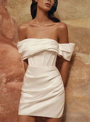 Off The Shoulder Short Wedding Dress Satin Bridal Dress with Detachable Train