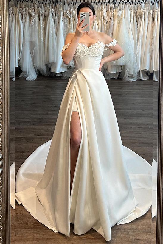 Off The Shoulder Sleeveless A Line Satin Wedding Dress with Sweep Train