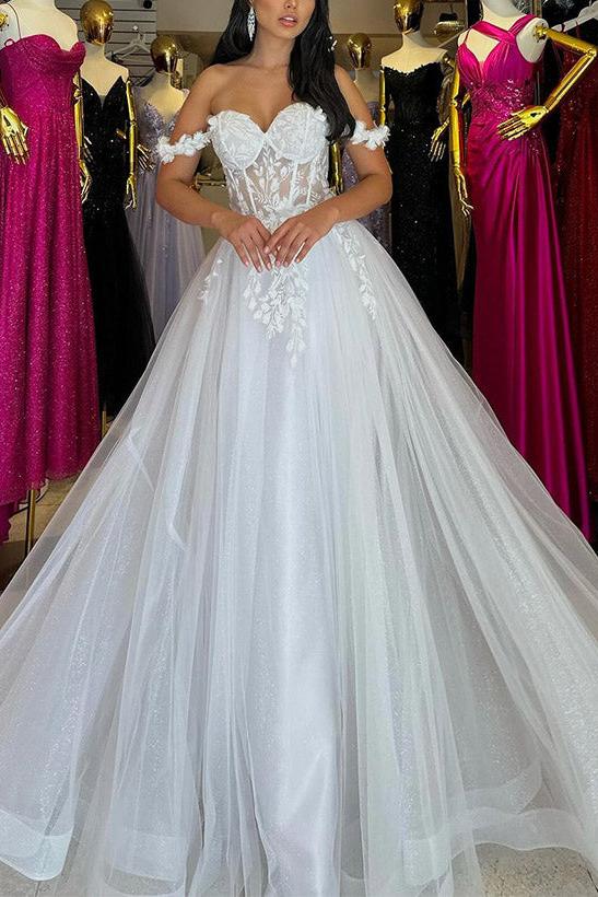 Off The Shoulder Sleeveless A Line Sweep Train Wedding Dress