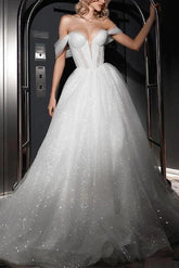 Off The Shoulder Sleeveless Ball Gown Wedding Dress with Sweep Train and Sequins