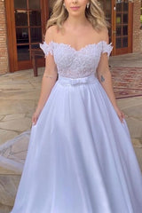Off The Shoulder Sleeveless Lace Wedding Dress with A Line Silhouette and Sweep Train
