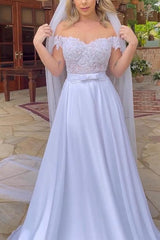 Off The Shoulder Sleeveless Lace Wedding Dress with A Line Silhouette and Sweep Train