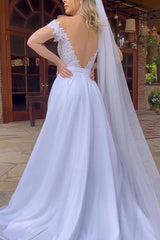 Off The Shoulder Sleeveless Lace Wedding Dress with A Line Silhouette and Sweep Train