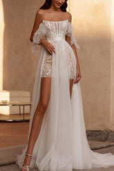 Off The Shoulder Sleeveless Lace Wedding Dress