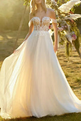 Off The Shoulder Sleeveless Lace/Tulle Wedding Dress With Appliques Lace