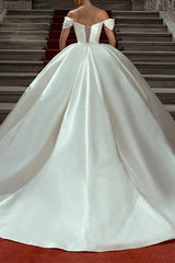 Off The Shoulder Sleeveless Satin Ball Gown Wedding Dress with Sweep Train