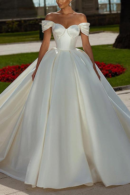 Off The Shoulder Sleeveless Satin Ball Gown Wedding Dress with Sweep Train