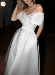 Off The Shoulder Sleeveless Satin Tea Length Wedding Dress