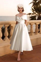 Off The Shoulder Sleeveless Satin Tea Length Wedding Dress