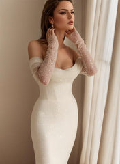 Off The Shoulder Sleeveless Sweep Train Sequined Wedding Dress With Panel Train