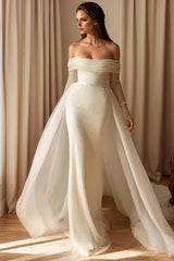 Off The Shoulder Sleeveless Sweep Train Sequined Wedding Dress With Panel Train