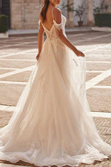 Off The Shoulder Sleeveless Tulle Wedding Dress With Appliques Lace