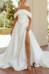 Off The Shoulder Sleeveless Wedding Dress With Split Front/Bow(s)