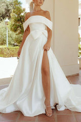 Off The Shoulder Sleeveless Wedding Dress With Split Front/Bow(s)