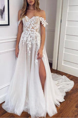 Off The Shoulder Slit Boho Lace Wedding Dress