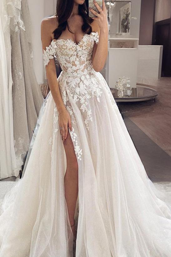 Off The Shoulder Slit Boho Lace Wedding Dress