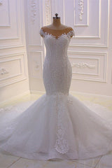 Off The Shoulder Sweetheart White Lace Appliques Tulle Mermaid Wedding Dress
