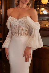 Off The Shoulder Trumpet/Mermaid Lace/Silk Like Satin Wedding Dress