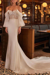 Off The Shoulder Trumpet/Mermaid Lace/Silk Like Satin Wedding Dress