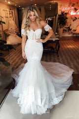 Off The Shoulder Tulle Wedding Dress Mermaid Appliques Bridal Dress