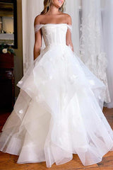 Off The Shoulder Tulle Wedding Dress With Cascading Ruffles