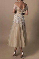 Off The Shoulder Wedding Dress Tea Length Mermaid Evening Formal Dress with Lace