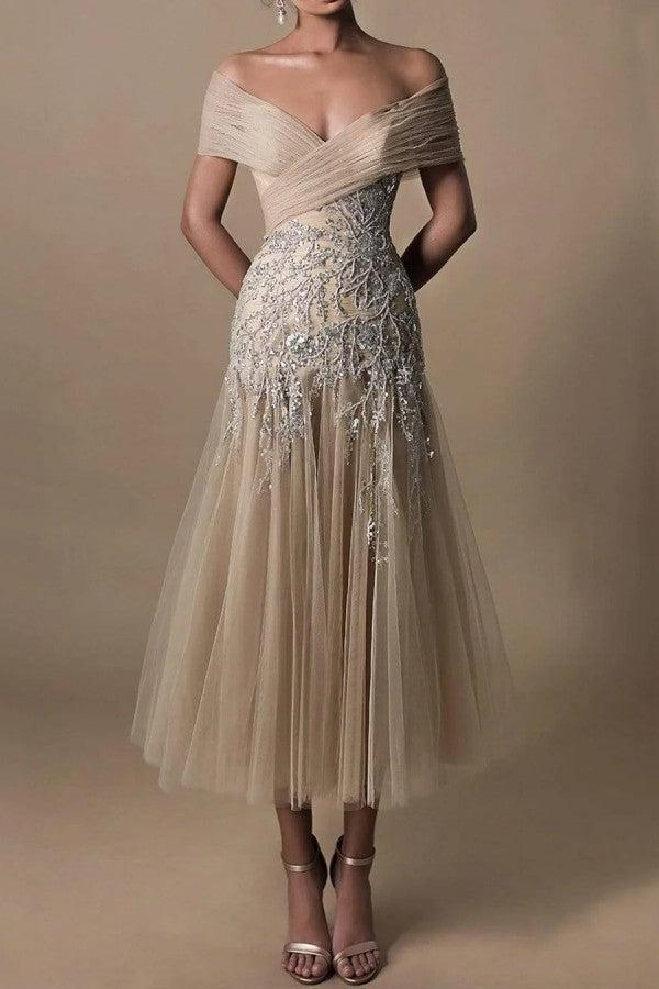 Off The Shoulder Wedding Dress Tea Length Mermaid Evening Formal Dress with Lace