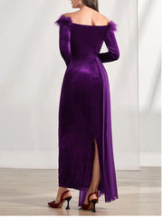 Off the Shoulder Asymmetrical Long Sleeve Sheath Column Dress with Feather for Mother of the Bride & Groom